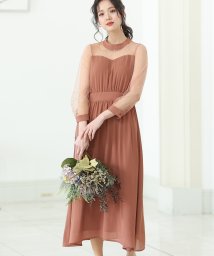 PourVous(プールヴー)/Aラインパーティードレス大きいサイズ袖あり&ミモレ丈結婚式フォーマル ワンピース/ダークピンク