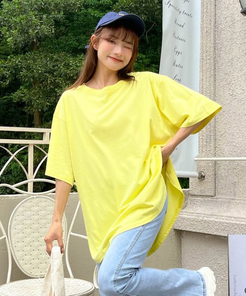 裾 ラウンド Tシャツ 半袖 スリット 無地 コットン 100 綿 ゆったり ロング チュニック 春 夏 アドティエ Ad Thie Magaseek