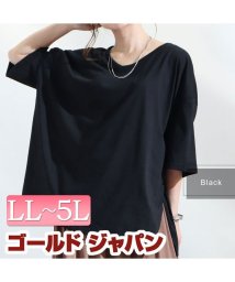 GOLD JAPAN(ゴールドジャパン)/大きいサイズ レディース ビッグサイズ アシメスリットVネックTシャツ/ブラック