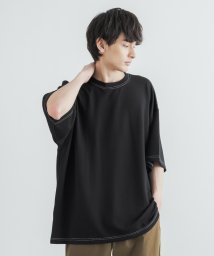 Rocky Monroe(ロッキーモンロー)/Tシャツ 半袖 メンズ レディース 配色ステッチ COOLダンボール カットソー 接触冷感 ビッグシルエット クールタッチ クルーネック ルーズ カジュアル ス/ブラック