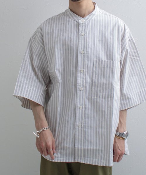 GLOSTER(GLOSTER)/【GLOSTER/グロスター】Vintage Stripe ビッグシャツ ショートスリーブ/ホワイト系その他