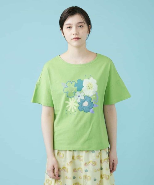 Jocomomola(ホコモモラ)/Pop 刺繍アップリケTシャツ/グリーン