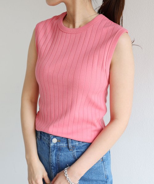 セール】コットンフライスワイドリブノースリーブトップス タンク  