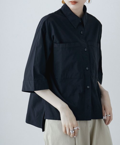 ブロード オーバーサイズ ショートシャツ レディース トップス レーヨン 綿 ビッグシルエット フロントポケット シャツ ブラウス ポケット 5分袖 ウォッシャ エトル Etoll Magaseek