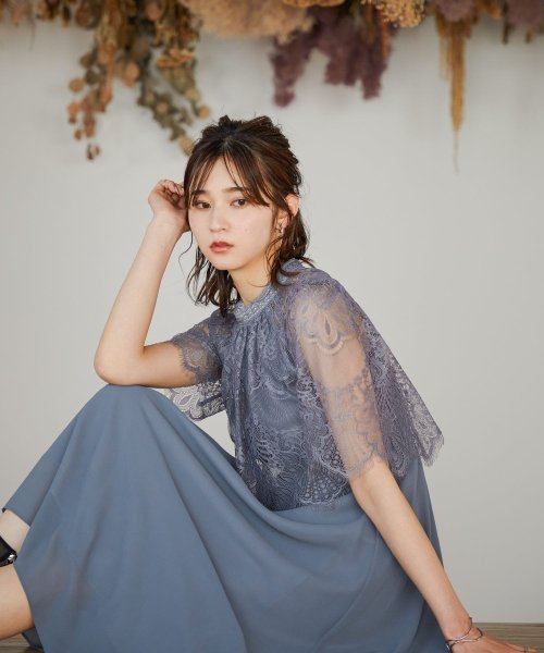 結婚式 ワンピース パーティードレス レース レイヤード 切り替え ブラウス ロング丈 ミモレ丈 袖あり 半袖 5分袖 ハイネック ボトルネック フレア ロング ニアナ Niana Magaseek