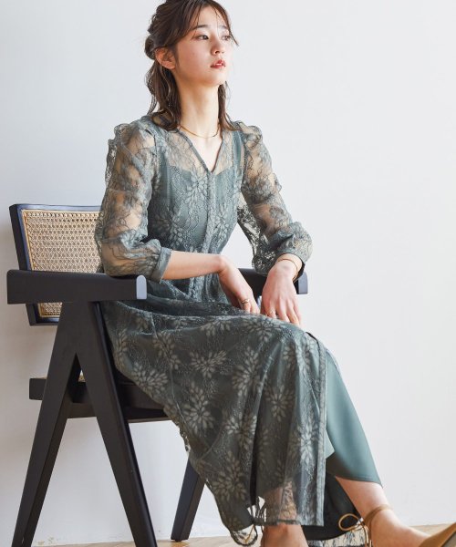 結婚式 ワンピース パーティードレス レース 総レース 切り替え レイヤード キャミワンピ ロング丈 袖あり 長袖 Vネック 花柄 透け感 ロングドレス オケー ニアナ Niana Magaseek