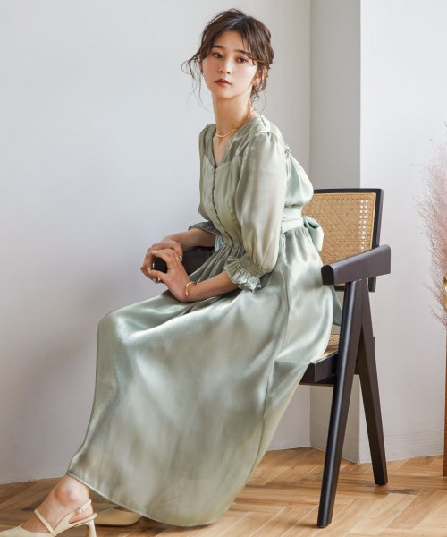 結婚式 ワンピース パーティードレス サテン シフォン 無地 Vネック ロング丈 ミモレ丈 袖あり 長袖 七分袖 ウエストゴム リボン フレア シアー 小さいサ ニアナ Niana Magaseek