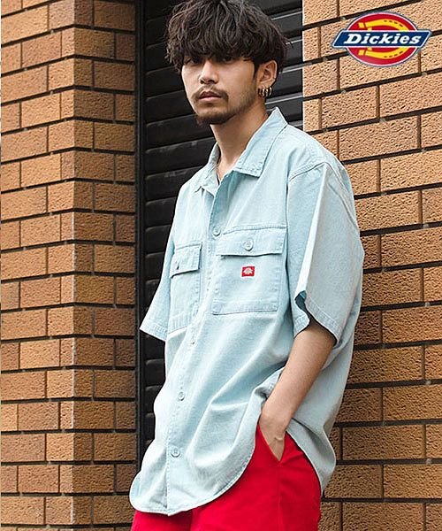 Dickies ツイル デニム半袖ビッグワークシャツ ディッキーズ メンズ ワッペン ポケット ブランド オーバーサイズ ビッグシルエット 大きい ゆったり エスビーセレクト Sb Select Magaseek