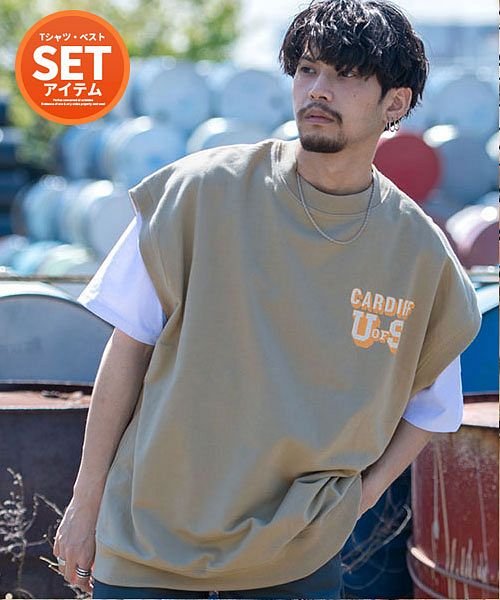 Cavaria Usaコットン裏毛スウェットベスト 半袖tシャツセット メンズ ベスト Usaコットン 2枚セット ブランド おしゃれ 大人 カジュアル 重ね着 キャバリア Cavaria Magaseek