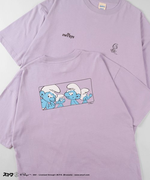 make a ray(make a ray)/【THE SMURFS/スマーフ】バックプリント 集合イラスト 半袖プリントTシャツ/ビッグシルエット/ワンポイント/ライトパープル