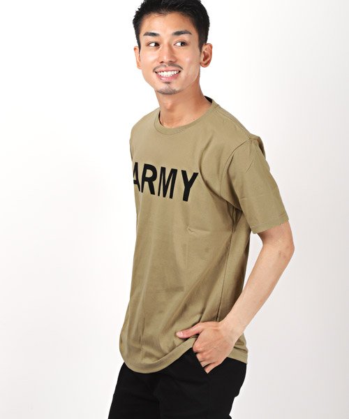 LUXSTYLE(ラグスタイル)/ARMYプリントTシャツ/Tシャツ メンズ 半袖 ロゴ プリント ARMY ミリタリー ワンポイント/ベージュ