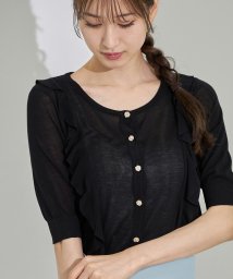 tocco closet(トッコクローゼット)/ラッフルフリル付きパールビジュー釦カーディガン/BLACK