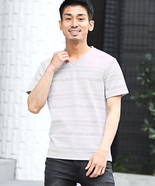 セール タックボーダーvネックtシャツ Tシャツ メンズ 半袖 Vネック タックボーダー ボーダー柄 ジャガード ラグスタイル Luxstyle Magaseek