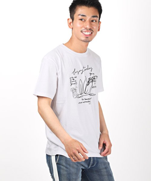 LUXSTYLE(ラグスタイル)/サーフイラストプリント半袖Tシャツ/Tシャツ メンズ 半袖 プリント イラスト パームツリー サーフボード ロゴ/ホワイト