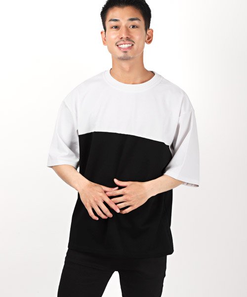 LUXSTYLE(ラグスタイル)/ポンチバイカラー5分袖Tシャツ/Tシャツ メンズ 5分袖 バイカラー ポンチ ビッグシルエット/ホワイト