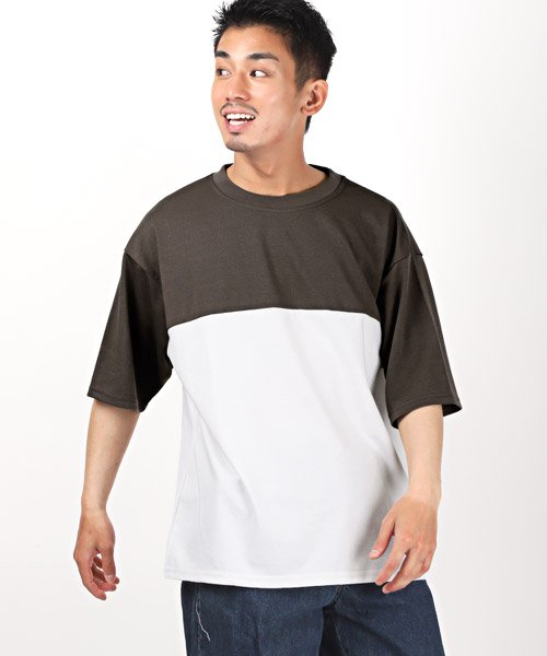 LUXSTYLE(ラグスタイル)/ポンチバイカラー5分袖Tシャツ/Tシャツ メンズ 5分袖 バイカラー ポンチ ビッグシルエット/グレー