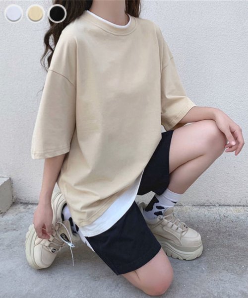 セール Tシャツ 重ね着 レイヤード風 大きめ カジュアル 無地 カットソー サマーtシャツ レディース 切り替え半袖 夏 春 韓国 ファッション セイヘイショップ Seiheishop Magaseek
