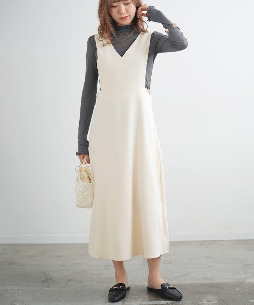 セール ジャンパースカート ワンピース ロングワンピース マキシ丈 Vネック フレアワンピース 韓国 ファッション 前後2way Vネック ジャンパーフレアスカート フューティアランド Futier Land Magaseek