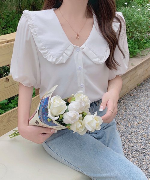 セール ブラウス レディース トップス 白ブラウス 半袖 Vネック きれいめ 透かし雕り オシャレ 白 ホワイト可愛い ショッピングゴー Shoppinggo Magaseek