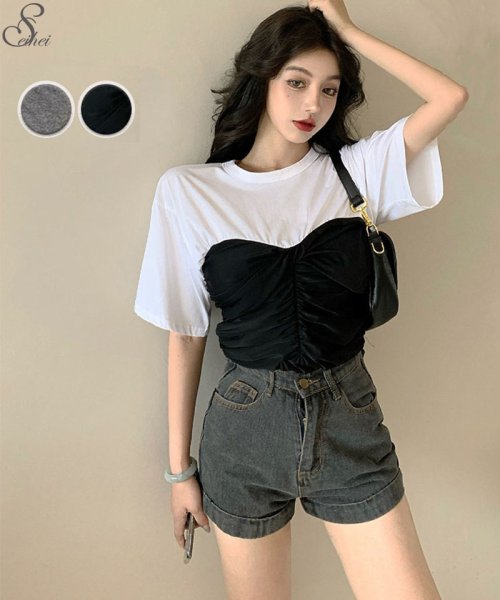セール ブラウスtシャツ リボンデザイン カットソー レディース 切り替え 半袖 韓国ファッション おしゃれ 夏 セイヘイショップ Seiheishop Magaseek