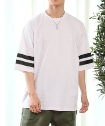 TopIsm(トップイズム)/フットボールTシャツ メンズ ワイドシルエット オーバーサイズ 袖ライン 半袖 天竺 綿100％ カットソー トップス 男女兼用 ユニセックス/ホワイト