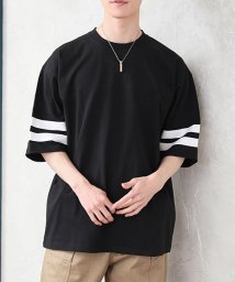 TopIsm(トップイズム)/フットボールTシャツ メンズ ワイドシルエット オーバーサイズ 袖ライン 半袖 天竺 綿100％ カットソー トップス 男女兼用 ユニセックス/ブラック