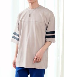 TopIsm(トップイズム)/フットボールTシャツ メンズ ワイドシルエット オーバーサイズ 袖ライン 半袖 天竺 綿100％ カットソー トップス 男女兼用 ユニセックス/グレージュ