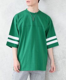 TopIsm(トップイズム)/フットボールTシャツ メンズ ワイドシルエット オーバーサイズ 袖ライン 半袖 天竺 綿100％ カットソー トップス 男女兼用 ユニセックス/グリーン