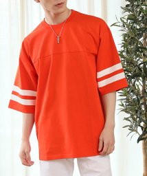 TopIsm(トップイズム)/フットボールTシャツ メンズ ワイドシルエット オーバーサイズ 袖ライン 半袖 天竺 綿100％ カットソー トップス 男女兼用 ユニセックス/オレンジ