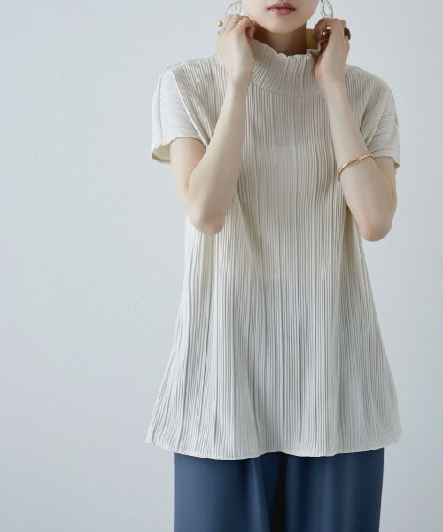 プリーツハイネック プルオーバートップス ハイネックプルオーバー レディース トップス プリーツ ハイネック 半袖 トップス ボトルネック エトル Etoll Magaseek