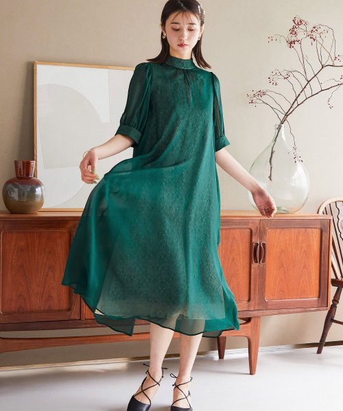 結婚式 ワンピース パーティードレス バックボタン 2way 前後 レース 総柄 カジュアル レトロ パフスリーブ ロング丈 ミモレ丈 袖あり半袖 ロング オケ ニアナ Niana Magaseek