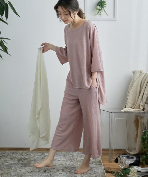 セール ファッションレター Fashion Letter ワッフル素材でお洒落でかわいいおうち時間 ガウチョパンツ セットアップ ルームウェア パジャマ 上下2点セット Set セットアップ 部屋着 カットソー生地 Magaseek