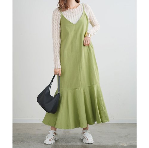 マーメイドワンピース ロングワンピース マキシ丈 フリル フレア キャミワンピース 大きいサイズ グリーン 緑 ロングスカート 韓国 ファッション マーメイ フューティアランド Futier Land Magaseek