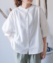 aquagarage(アクアガレージ)/ノーカラーボリュームスリーブコットンシャツ/white