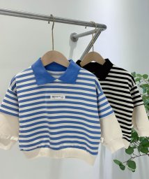 aimoha(aimoha（アイモハ）)/【aimoha－KIDS－】【新作】韓国子供服　袖切り替えボーダー柄ポロシャツ風スウェット/ブルー
