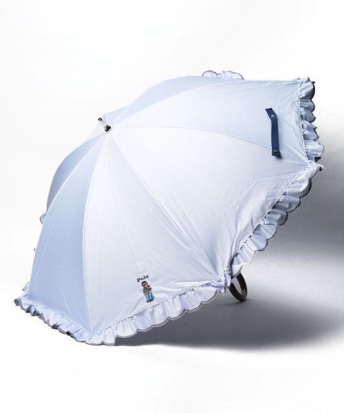 POLO RALPH LAUREN(umbrella)(ポロラルフローレン（傘）)/晴雨兼用日傘　ストライプスカラフリル　ワンポイントPOLO BEAR/サックスブルー