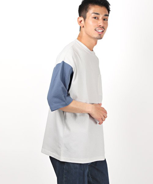 LUXSTYLE(ラグスタイル)/米綿ヘビー天竺袖配色ビッグ半袖Tシャツ/Tシャツ メンズ 半袖 5分袖 ビッグシルエット バイカラー ポケット/ブルー