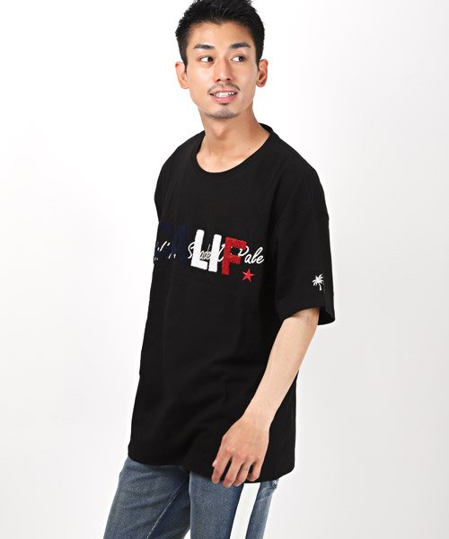 LUXSTYLE(ラグスタイル)/CALIFロゴサガラ刺繍半袖ビッグTシャツ/Tシャツ メンズ 半袖 ビッグシルエット ロゴ サガラ刺繍/ブラック