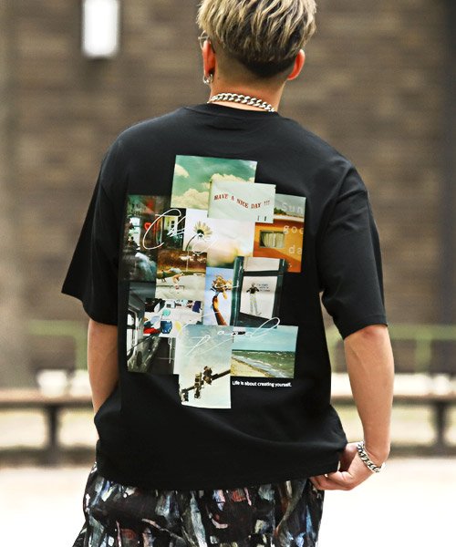 LUXSTYLE(ラグスタイル)/バックフォトデコレーションプリントTシャツ/Tシャツ メンズ 半袖 バックプリント フォトプリント ロゴ/ブラック