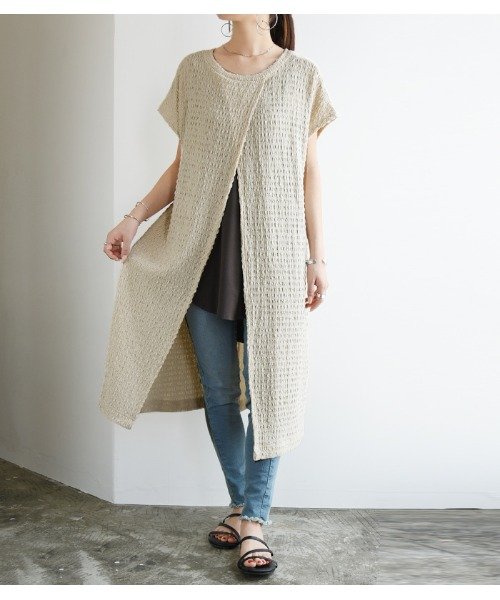 セール ドビーテレコ2wayスリットワンピース 半袖 春 チュニック レディース ワンピ チュニックワンピ 前後2way レイヤード 重ね着 凹凸 おしゃれ 伸びる 伸 アンドイット And It Magaseek