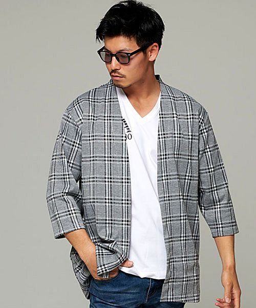 Cavaria チェック柄7分袖ノーカラーカーディガン メンズ ガウン ブランド ファッション 7分袖 七分袖 春 夏 薄手 細身 タイト ノーカラー きれいめ キャバリア Cavaria Magaseek