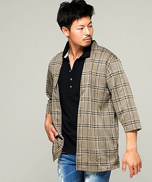 セール Cavaria チェック柄7分袖ノーカラーカーディガン メンズ ガウン ブランド ファッション 7分袖 七分袖 春 夏 薄手 細身 タイト ノーカラー きれいめ キャバリア Cavaria Magaseek