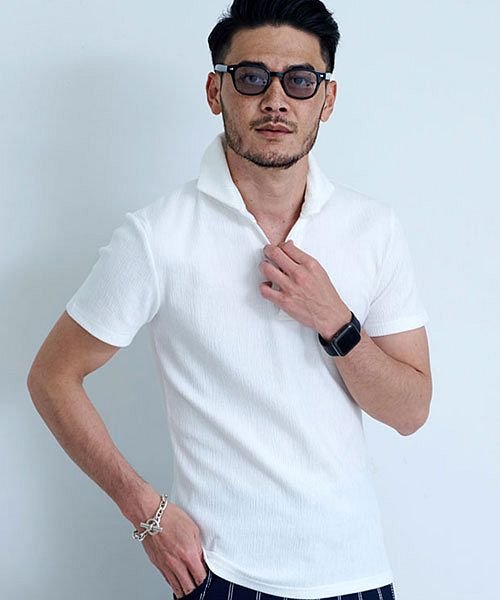 Cavaria ランダムクレープ半袖スキッパーポロシャツ メンズ おしゃれ 半袖 ポロ ストレッチ スキッパー 細身 無地 ホワイト レッド サックス 赤 白 キャバリア Cavaria Magaseek