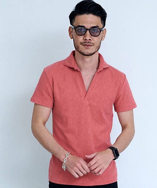 Cavaria ランダムクレープ半袖スキッパーポロシャツ メンズ おしゃれ 半袖 ポロ ストレッチ スキッパー 細身 無地 ホワイト レッド サックス 赤 白 キャバリア Cavaria Magaseek