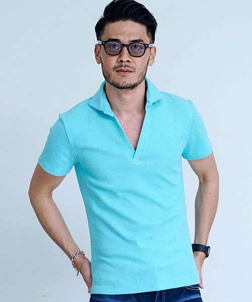 Cavaria ランダムクレープ半袖スキッパーポロシャツ メンズ おしゃれ 半袖 ポロ ストレッチ スキッパー 細身 無地 ホワイト レッド サックス 赤 白 キャバリア Cavaria Magaseek