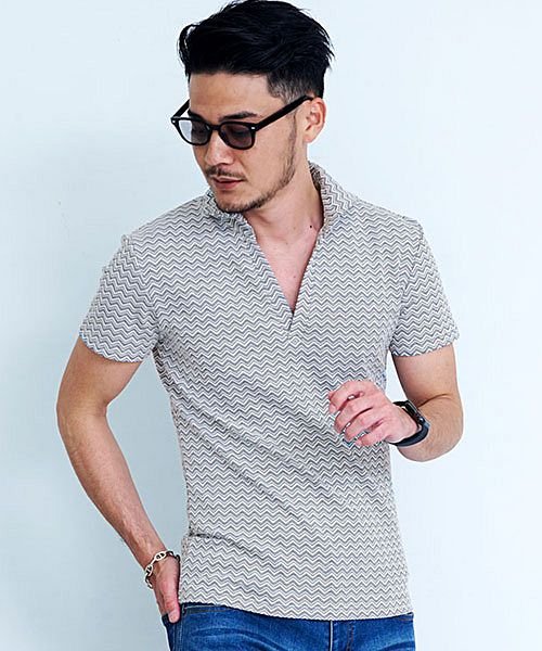 セール Cavaria シェブロン柄半袖スキッパーポロシャツ メンズ おしゃれ ファッション 半袖 ポロ ストレッチ スキッパー 細身 シェブロン柄 ブラック グレー キャバリア Cavaria Magaseek