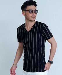 CavariA(キャバリア)/CavariA ストライプ柄Vネック半Tシャツ メンズ ブランド おしゃれ カジュアル 半袖 Vネック トップス ストライプ ホワイト ネイビー ブラック カジ/ブラック