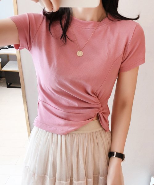 Amulet(アミュレット)/ツイスト半袖Tシャツ 半袖 レディース Tシャツ 無地 シンプル スタイルアップ 涼しい/ピンク