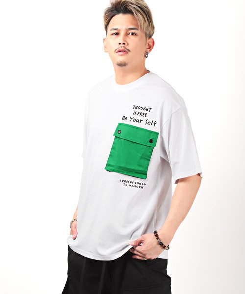 LUXSTYLE(ラグスタイル)/異素材ポケット付きTシャツ/Tシャツ メンズ 半袖 ビッグシルエット ポケット ロゴ プリント/ホワイト