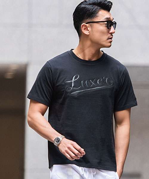 LUXE/R レザーロゴ刺繍クルーネック半袖Tシャツ メンズ ブランド おしゃれ 大人 カジュアル メンズファッション 半袖 半袖Tシャツ トップス  カットソー